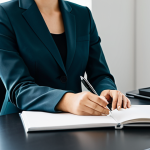 A focused professional woman, fully clothed in a modest business blazer and trousers, seated at a sleek modern desk in a minimalist, sunlit office. Her expression is calm and confident, reflecting mental clarity and purposeful decision-making. On the desk, there is a single open notebook and a pen, emphasizing simplicity and deliberate thought, contrasting with a subtle, blurred background hinting at a complex digital world or numerous options. The scene conveys a sense of peaceful decision-making and efficient workflow. perfect anatomy, correct proportions, natural pose, well-formed hands, proper finger count, natural body proportions, professional photography, high quality, safe for work, appropriate content, fully clothed, professional dress, modest clothing.
