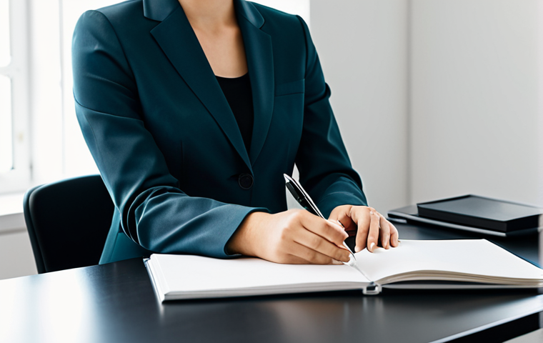 A focused professional woman, fully clothed in a modest business blazer and trousers, seated at a sleek modern desk in a minimalist, sunlit office. Her expression is calm and confident, reflecting mental clarity and purposeful decision-making. On the desk, there is a single open notebook and a pen, emphasizing simplicity and deliberate thought, contrasting with a subtle, blurred background hinting at a complex digital world or numerous options. The scene conveys a sense of peaceful decision-making and efficient workflow. perfect anatomy, correct proportions, natural pose, well-formed hands, proper finger count, natural body proportions, professional photography, high quality, safe for work, appropriate content, fully clothed, professional dress, modest clothing.