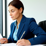Thoughtful Businesswoman**

"A professional businesswoman in a modest, tailored business suit, sitting at a polished desk in a bright, modern office. She is looking thoughtfully at a document, a pen in her hand, suggesting careful consideration. Fully clothed, appropriate attire, safe for work, perfect anatomy, natural proportions, professional, family-friendly. Soft, diffused lighting, high quality."

**