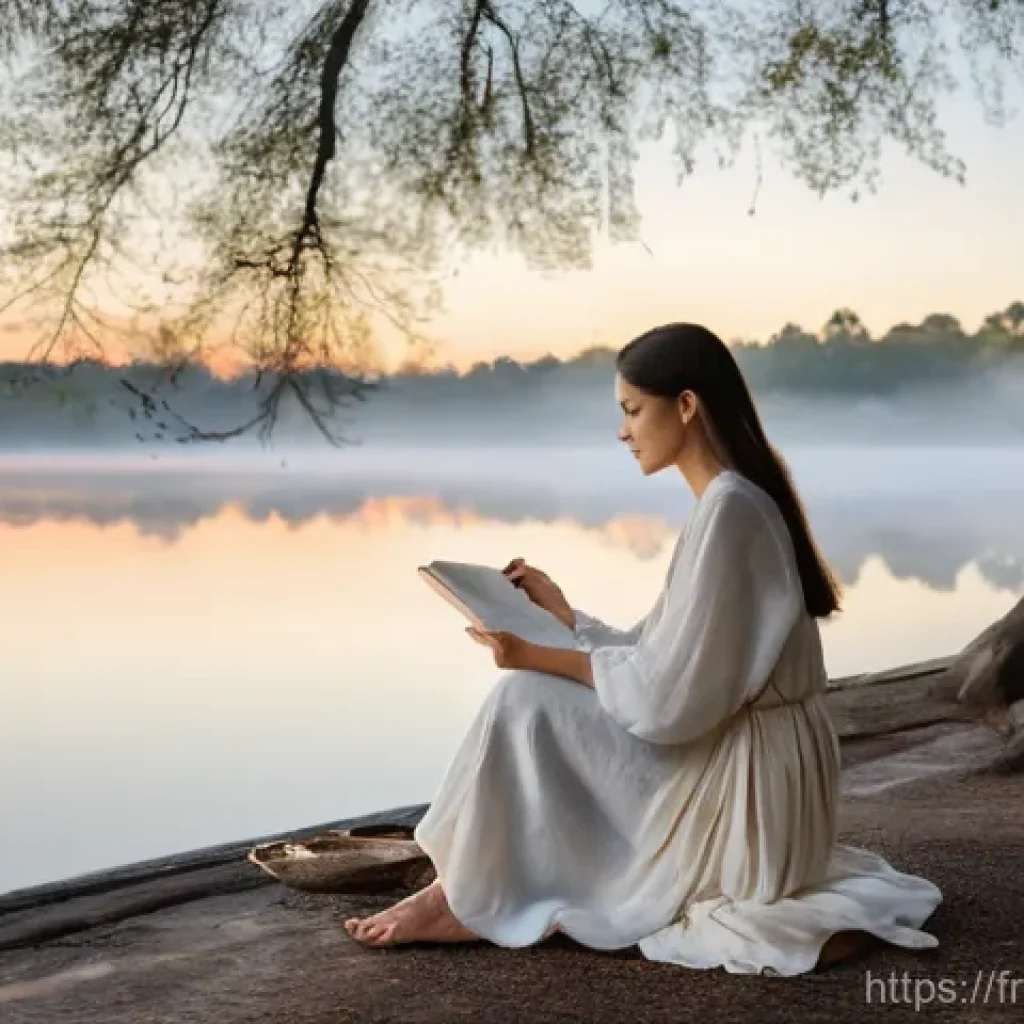 의식적 선택 훈련 과정의 목표 설정 - **Prompt 1: Serene Introspection by the Lakeside**
"A tranquil, gender-neutral person sits grace...