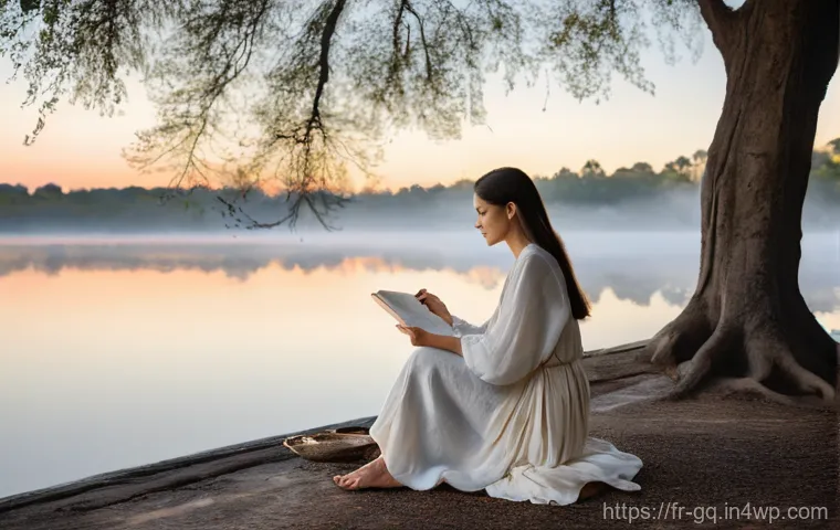 의식적 선택 훈련 과정의 목표 설정 - **Prompt 1: Serene Introspection by the Lakeside**
"A tranquil, gender-neutral person sits grace...