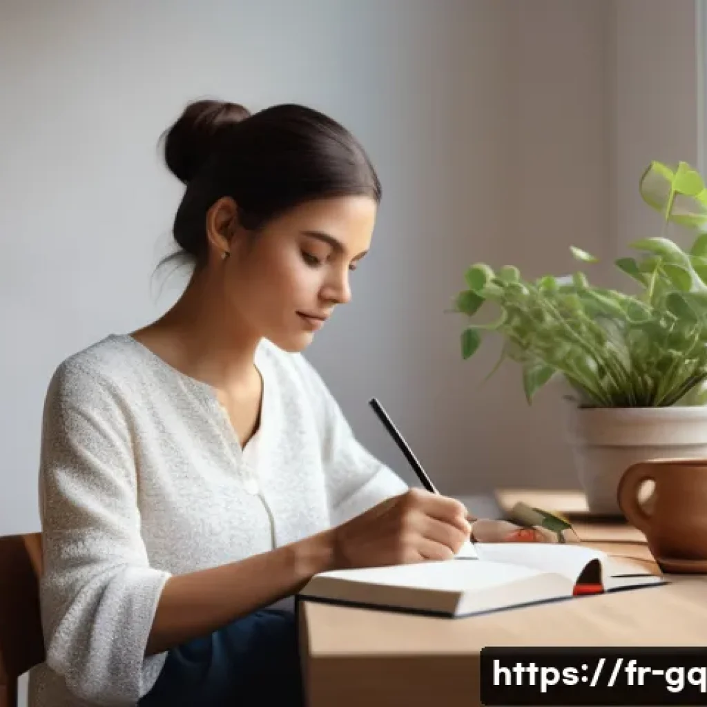 의식적 선택 훈련을 통한 자기 관리 - A serene, modern home office scene in natural daylight, featuring a French person thoughtfully journ...