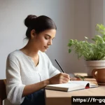 Home 14 의식적 선택 훈련을 통한 자기 관리 - A serene, modern home office scene in natural daylight, featuring a French person thoughtfully journ...
