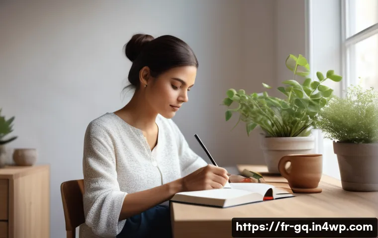 의식적 선택 훈련을 통한 자기 관리 - A serene, modern home office scene in natural daylight, featuring a French person thoughtfully journ...