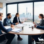 Home 18 의식적 선택 훈련을 통해 배우는 리더십 - A modern office meeting scene with diverse professionals engaged in a collaborative decision-making ...
