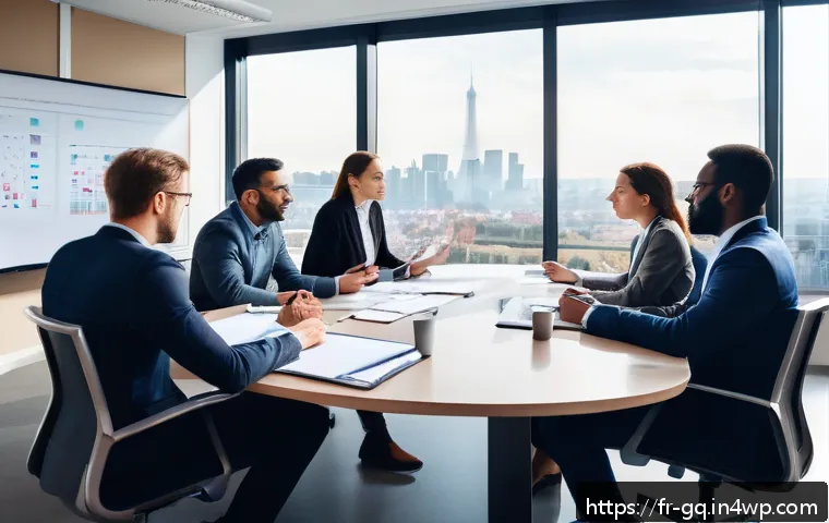 의식적 선택 훈련을 통해 배우는 리더십 - A modern office meeting scene with diverse professionals engaged in a collaborative decision-making ...