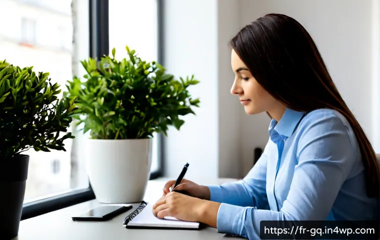 Home 15 의식적 선택 훈련이 직장 스트레스에 미치는 영향 - Photorealistic French office worker in a bright modern Paris coworking space, calmly pausing before ...